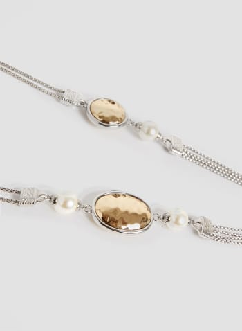 Collier long à pierres, perles et cristaux, Blanc perle