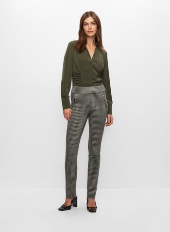 Pull-On Houndstooth Print Pants, Green Pattern