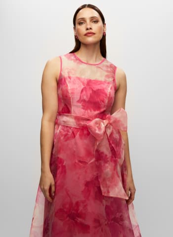 Robe ras-du-cou fleurie à ceinture surdimensionnée, Pamplemousse rose