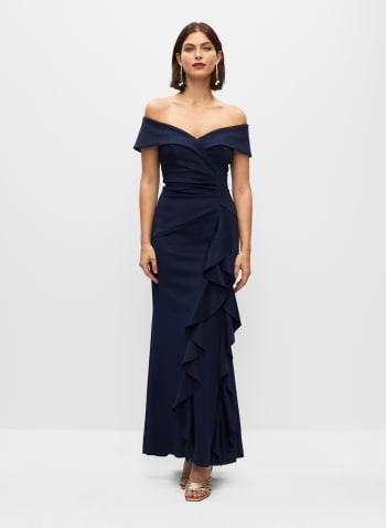 Off The Shoulder Ruffle Gown, Heather Blue