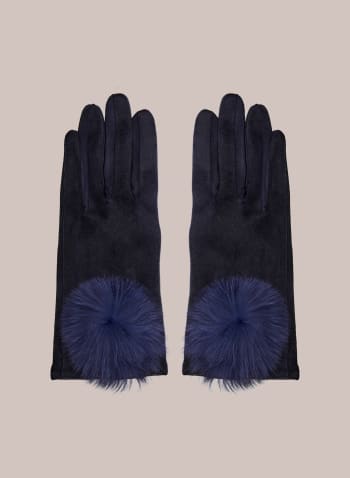 Large Pompom Faux Suede Gloves, Blue