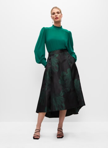 High-Low Floral Motif Midi Skirt, Green