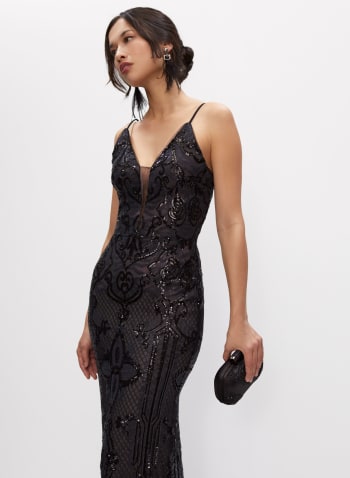 Deep V-Neck Sequin Gown, Black