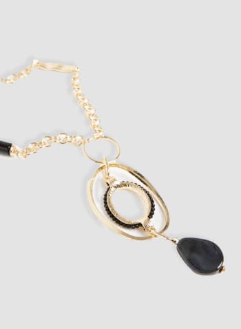 Collier pendentif à anneaux et pierre à facette, Noir