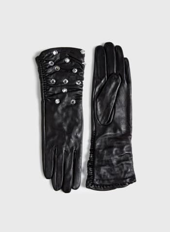 Ruched Long Leather Gloves, Black