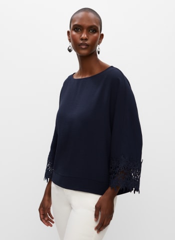 Lace Trim Wide Sleeve Blouse, Peacock