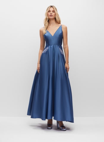 Appliqué Pocket Satin Ball Gown, Royal Blue