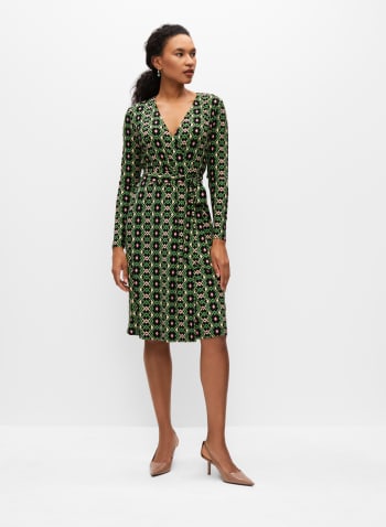 Retro Geometric Print Dress, Green Pattern