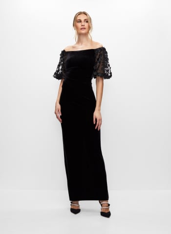BA Nites - Velvet Floral Sleeve Dress, Black