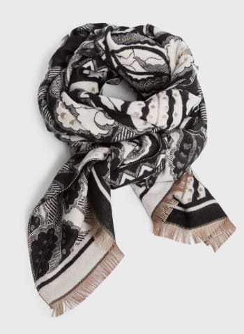 Abstract Floral Print Jacquard Scarf, Black Pattern