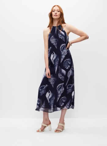 Seashell Print Chiffon Midi Dress, Blue