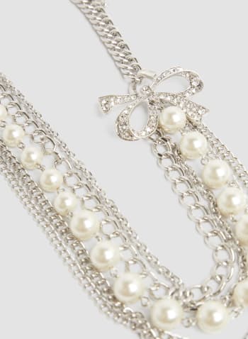 Collier à chaînes, perles et nœud en cristal, Blanc perle