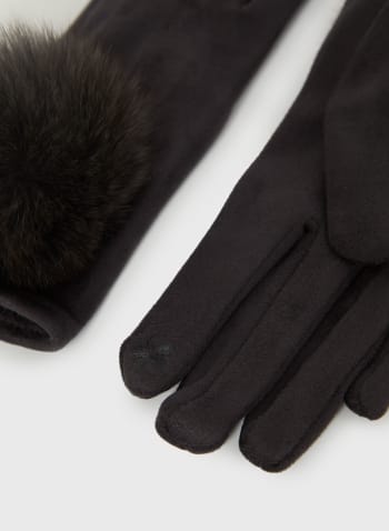 Faux Suede Pompom Gloves, Charcoal