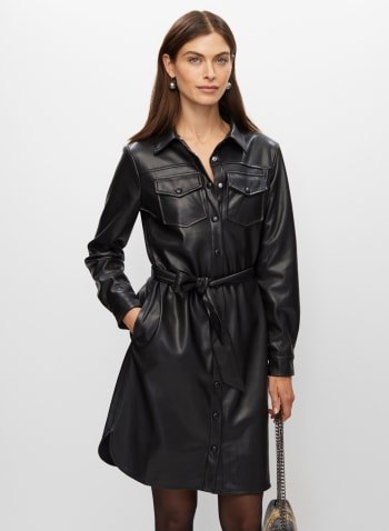 Vegan Leather Shirt Dress, Black
