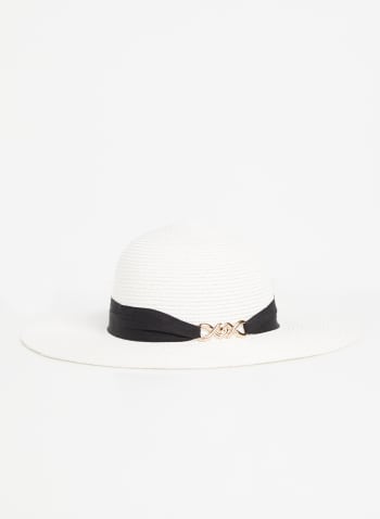 Chapeau capeline avec ruban et chaîne décoratifs, Blanc