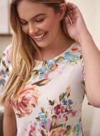 Floral Print Short Sleeve Top, White Pattern