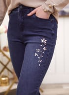 Floral Rhinestone Detail Jeans, Light Blue