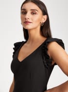 V-Neck Ruffle Detail Dress, Black