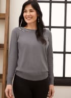 Rhinestone Appliqué Sweater, Medium Grey Mix