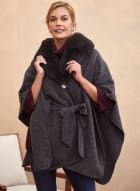 Faux Fur Collar Belted Poncho, Charcoal