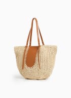 Straw & Vegan Leather Tote, Natural Beige