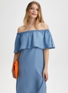 Tencel Off The Shoulder Dress, Chambray Blue 