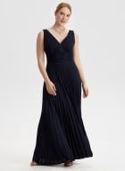 Pleated Detail Wrap-Style Dress, French Navy