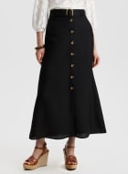 Button Front Linen-Blend Skirt, Black