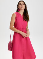 Linen-Blend Sleeveless Shirt Dress, Fuchsia