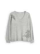 Floral Embroidery Sweater, Light Grey Mix