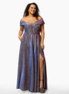 Off-the-Shoulder Glitter Ball Gown, Purple Pattern