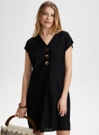 Linen Blend Button Front Dress, Black