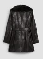Manteau à col en fausse fourrure et ceinture, Noir