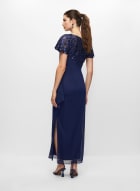 V-Neck Sequin Chiffon Dress, Heather Blue