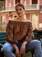 Embroidered Off-the-Shoulder Blouse, Nude 