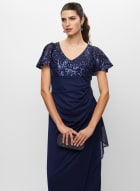 V-Neck Sequin Chiffon Dress, Heather Blue