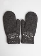 Embellished Wool Blend Mittens, Charcoal