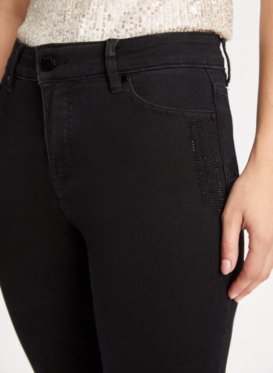 Rhinestone Detail Straight Leg Jeans, Black