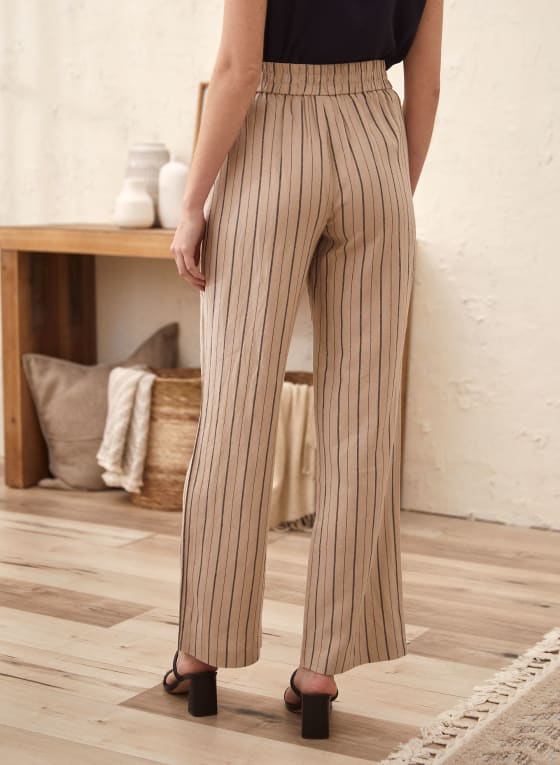 Stripe Print Linen-Blend Pants, Brown