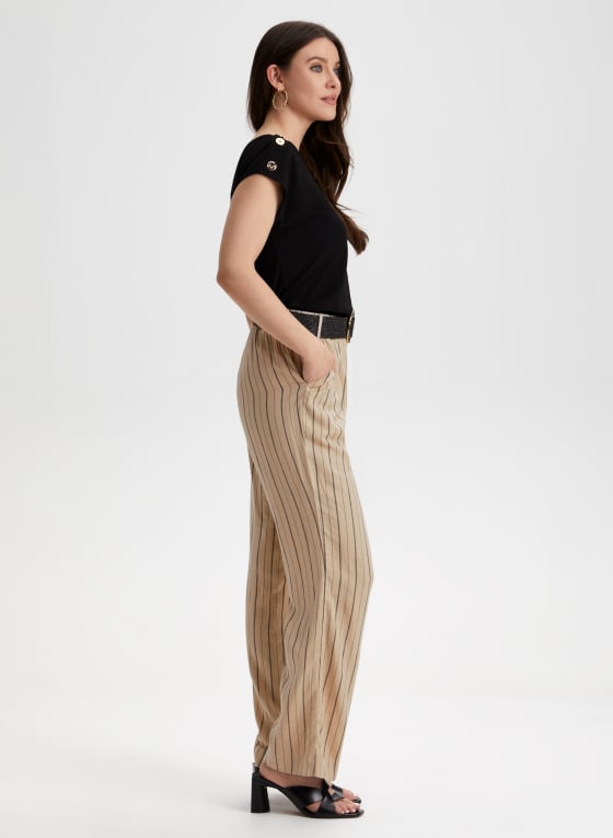 Pull-On Stripe Print Linen-Blend Pants, Mushroom Mix