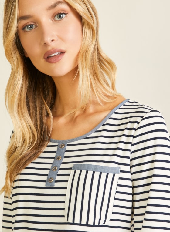 Denim Detail Striped T-Shirt, White Pattern