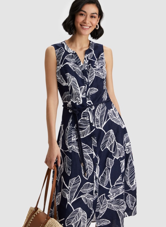 Leaf Print Linen Blend Dress, Blue Pattern