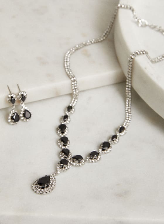 Boucles d'oreilles pendantes à cristaux et pierres, Noir