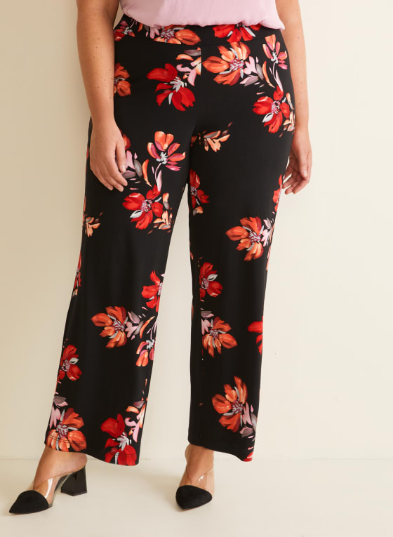 Floral Print Wide Leg Pants, Black Pattern