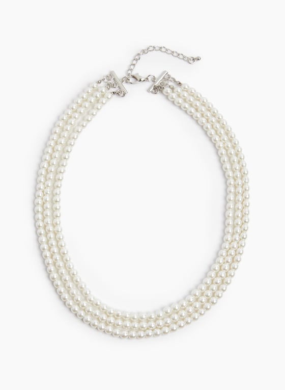 Collier court à trois rangs de perles, Blanc perle