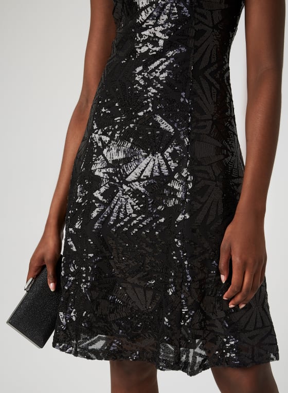 Fit & Flare Sequin Dress, Black