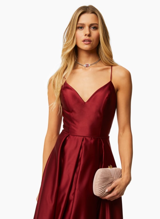 Satin Fit & Flare Ball Gown, Merlot