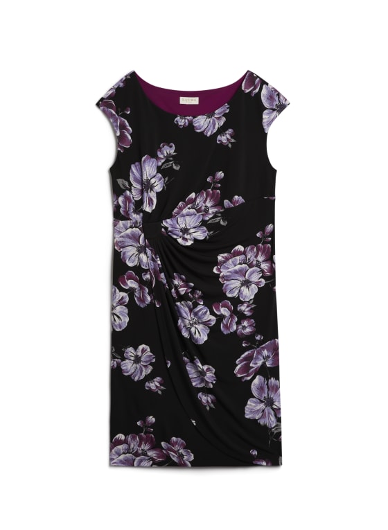 Floral Print Pleated Dress, Black Pattern