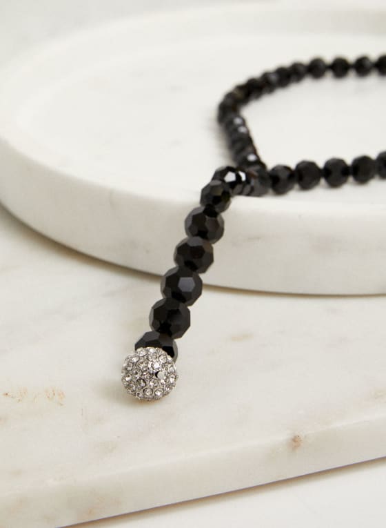 Collier en Y à perles facettées et cristaux, Noir