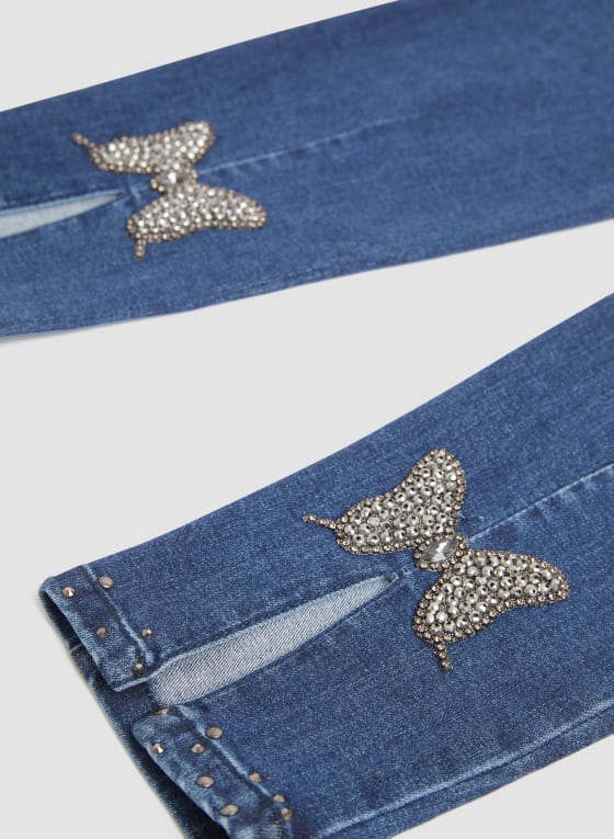 Butterfly Rhinestone Detail Slim Leg Jeans, Light Blue